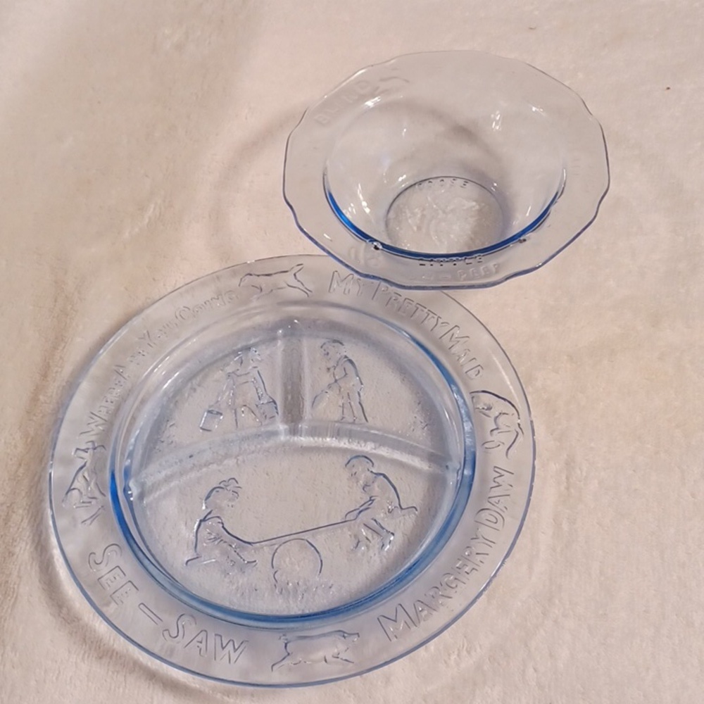 Mother Goose divided plate & Bowl by Indiana glass for Margory Daw